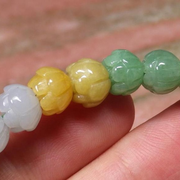 Certified 3 Color Natural A JADE Jadeite Lotus Flower Beads Bangle Bracelet - Picture 5 of 9